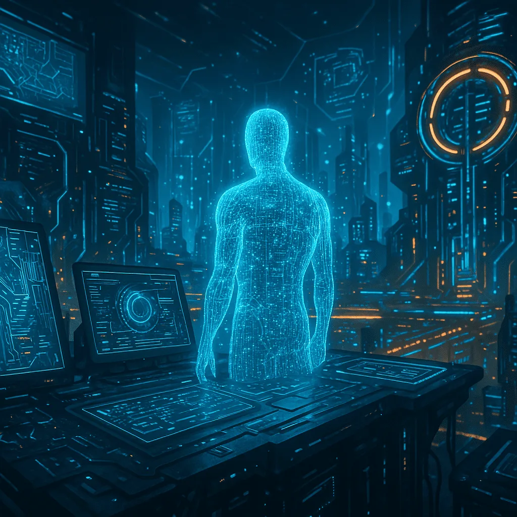 Modern web development workspace showing code editor with React, AI tools, and serverless architecture diagrams